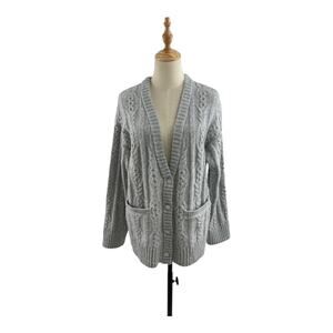 Gray Cable Sweater Cardigan with Rhinestone Buttons, Size Small